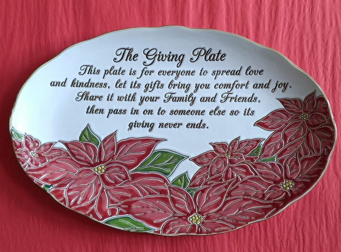 Red Poinsettia Giving Plate Large Serving Platter Christmas Sharing 14" Blue Sky