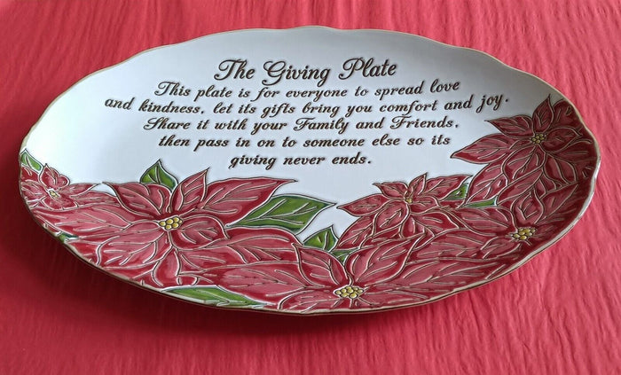Red Poinsettia Giving Plate Large Serving Platter Christmas Sharing 14" Blue Sky
