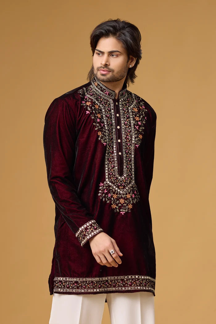 Velvet Kurta Set for Men – Floral Embroidered Ethnic Wear | Mahavir NX