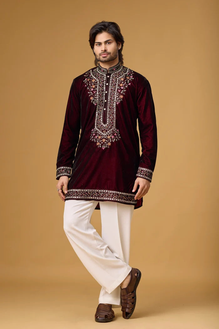 Floral Velvet-Look Kurta for Men – Wedding & Evening Wear | Mahavir NX