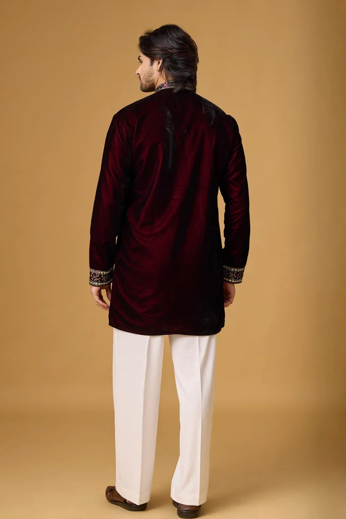 Regal Burgundy Velvet Kurta Pajama Set – Front View | Mahavir NX