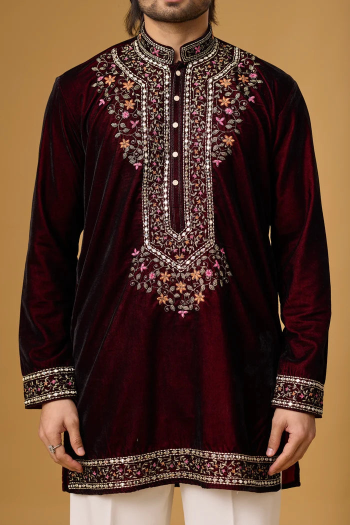 Designer Floral Pointed Motif Ethnic Kurta – Side View | Mahavir NX