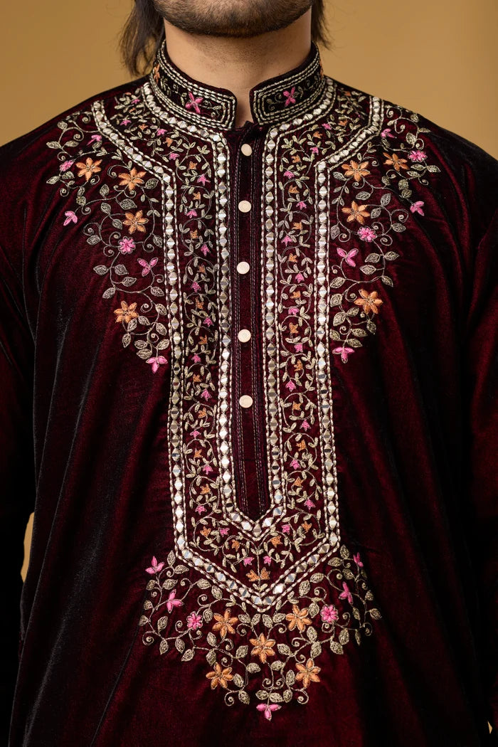 Premium Velvet Embroidered Kurta Set for Men – Party Wear | Mahavir NX