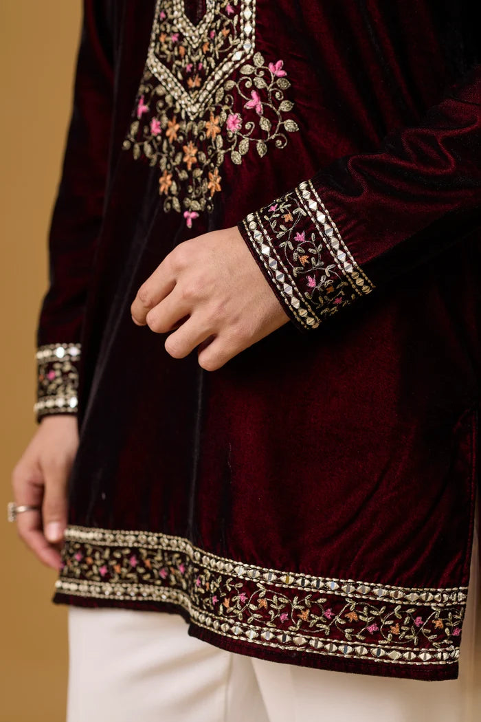 Regal Velvet Floral Kurta Set for Men – Full Length View | Mahavir NX