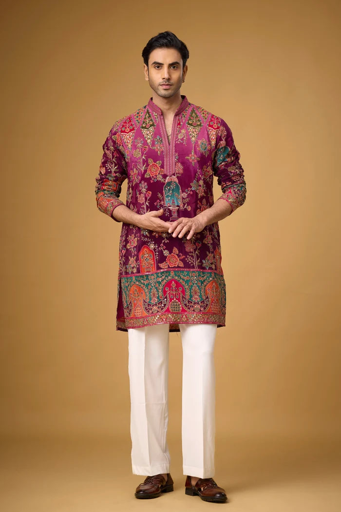 Party Wear Kurta Set for Men – Regal Magenta Heritage Embroidered | Mahavir NX