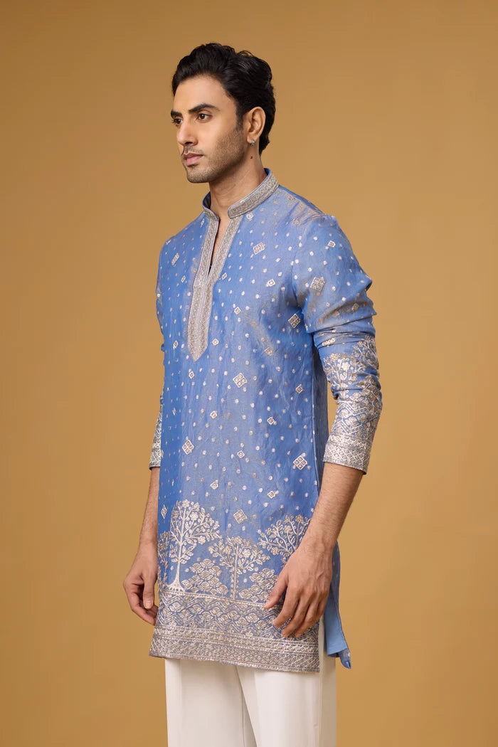 Powder Blue Tree Motif Kurta Set for Men – Wedding Wear | Mahavir NX