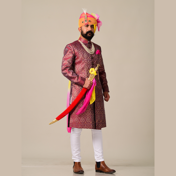 Regal Rosewood Brocade Silk Achkan