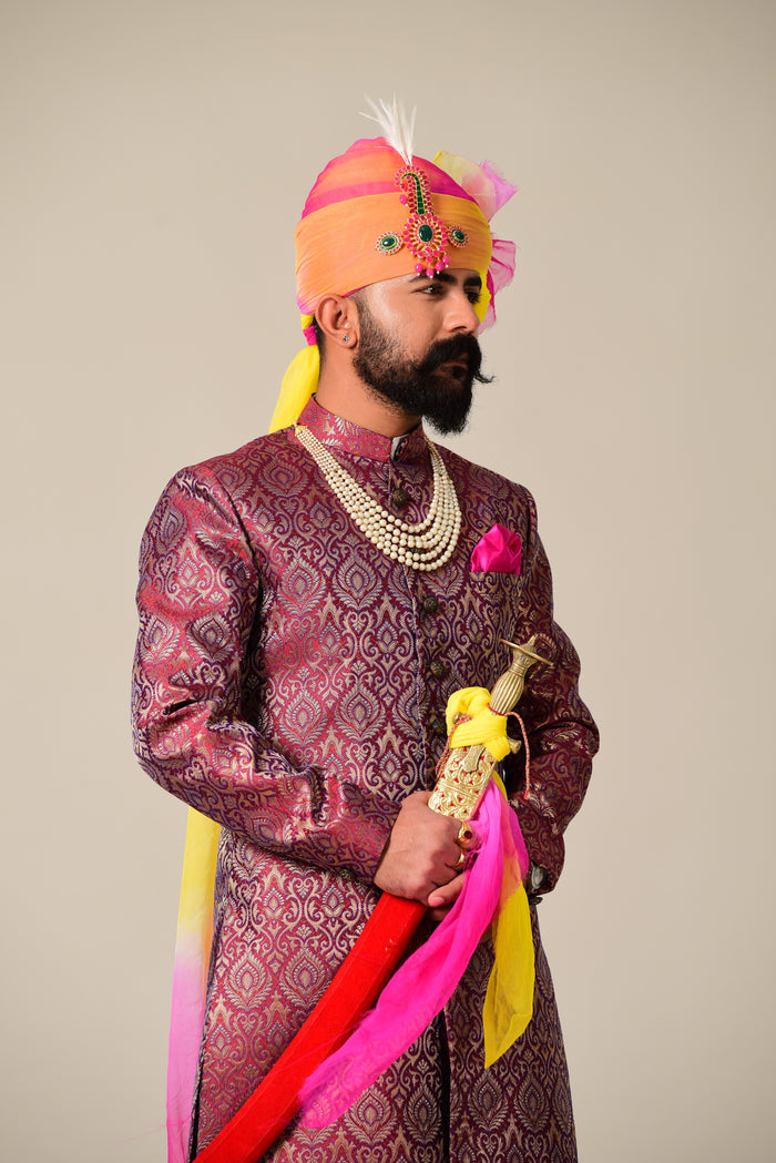Regal Rosewood Brocade Silk Achkan