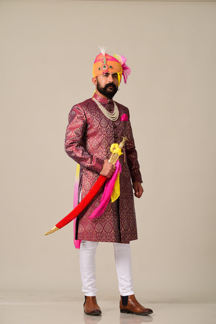 Regal Rosewood Brocade Silk Achkan