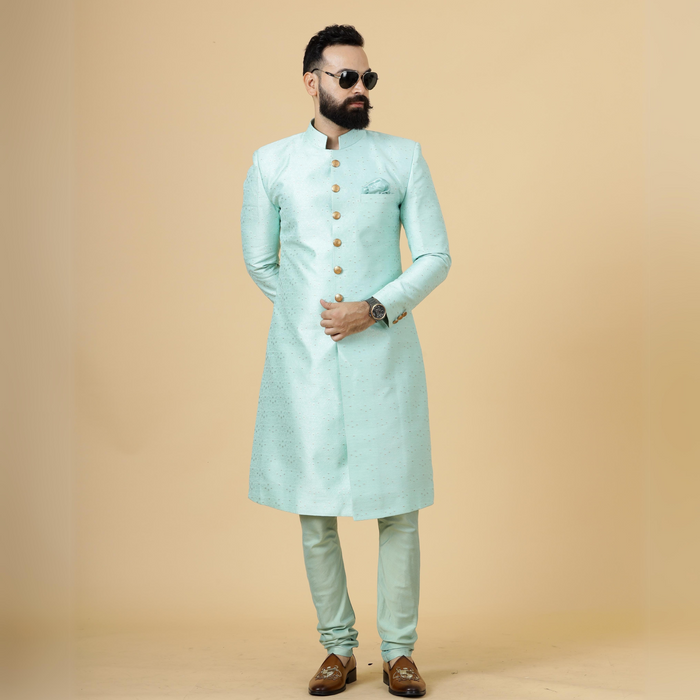 Regal Seafoam Banarasi Brocade Sherwani for Men | Perfect Groom Wear