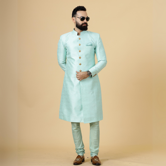 Regal Seafoam Banarasi Brocade Sherwani for Men | Perfect Groom Wear