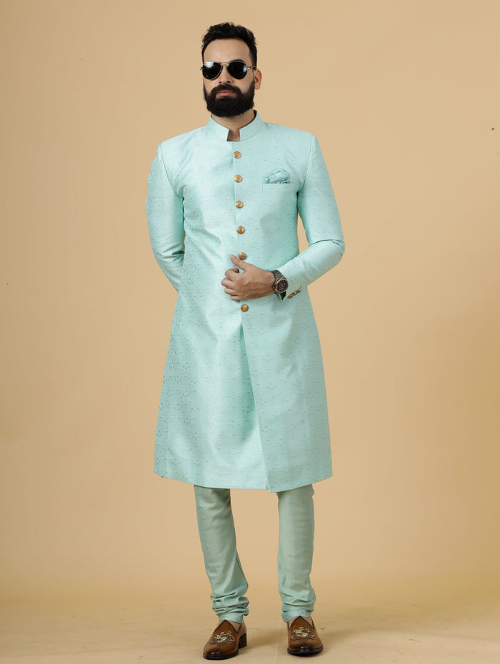 Regal Seafoam Banarasi Brocade Sherwani for Men | Perfect Groom Wear