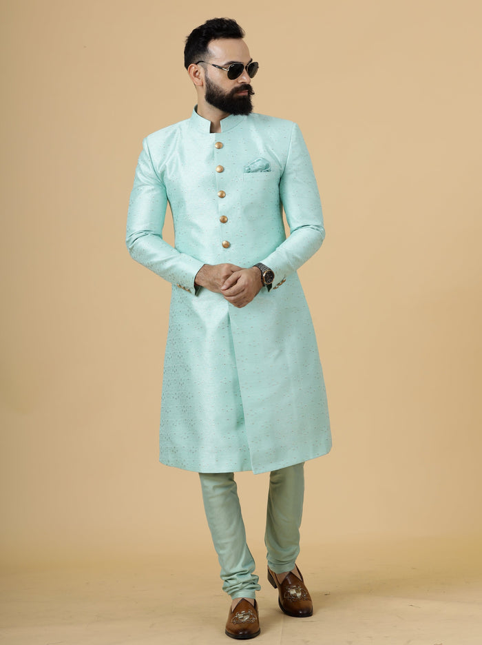 Regal Seafoam Banarasi Brocade Sherwani for Men | Perfect Groom Wear