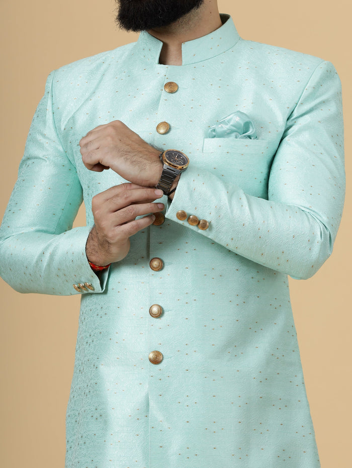 Regal Seafoam Banarasi Brocade Sherwani for Men | Perfect Groom Wear