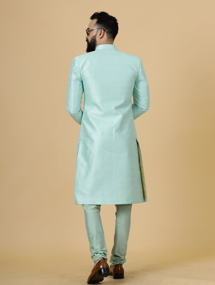 Regal Seafoam Banarasi Brocade Sherwani for Men | Perfect Groom Wear