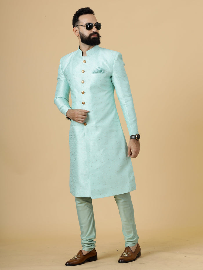 Regal Seafoam Banarasi Brocade Sherwani for Men | Perfect Groom Wear