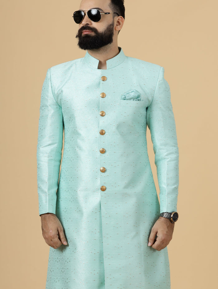 Regal Seafoam Banarasi Brocade Sherwani for Men | Perfect Groom Wear