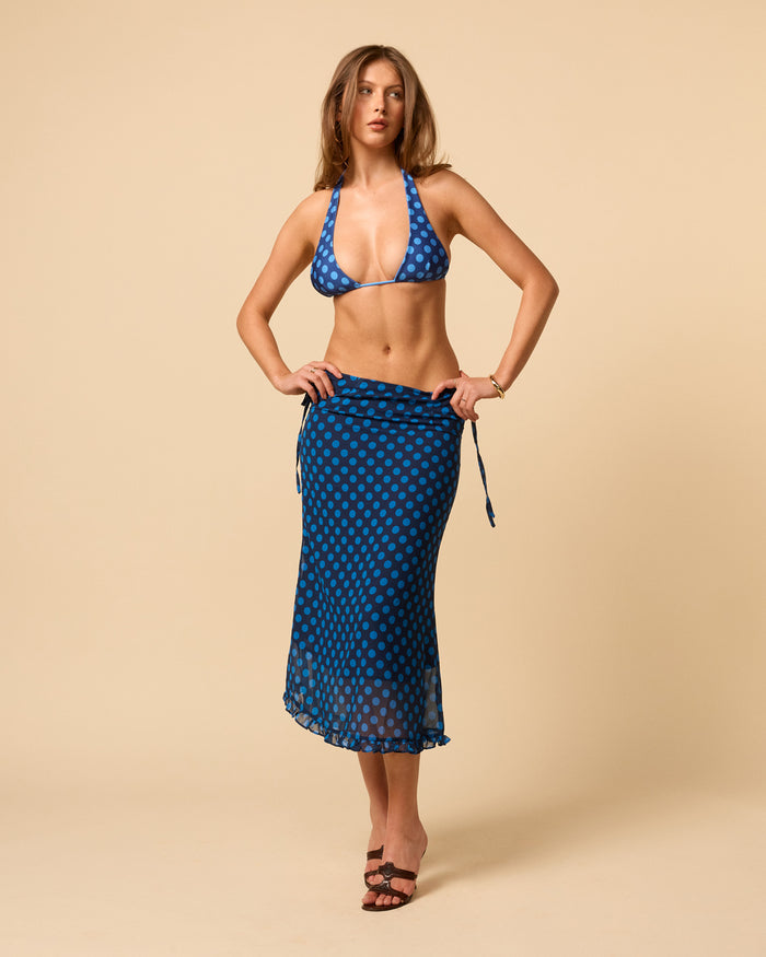 Women's sheer midi skirt ankle length with ruffle hem in blue polka dot