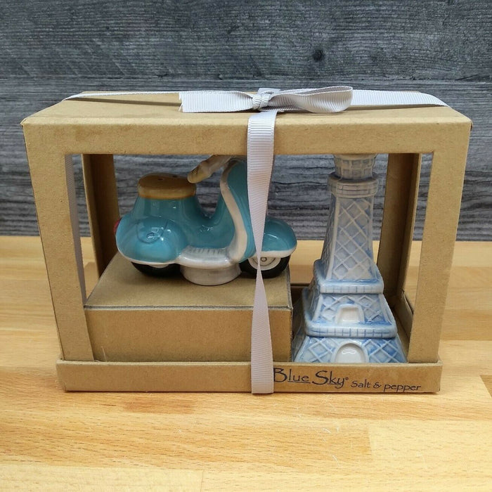 Retro Paris Scooter & Eiffel Tower Salt Pepper Set Decorative Blue Sky Clayworks