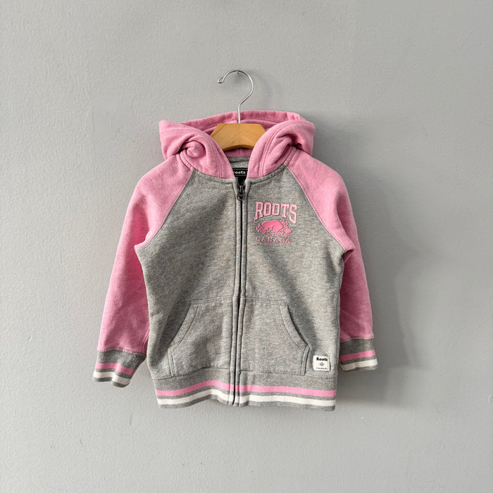 Roots / Pink x light grey zip up hoodie / 3T