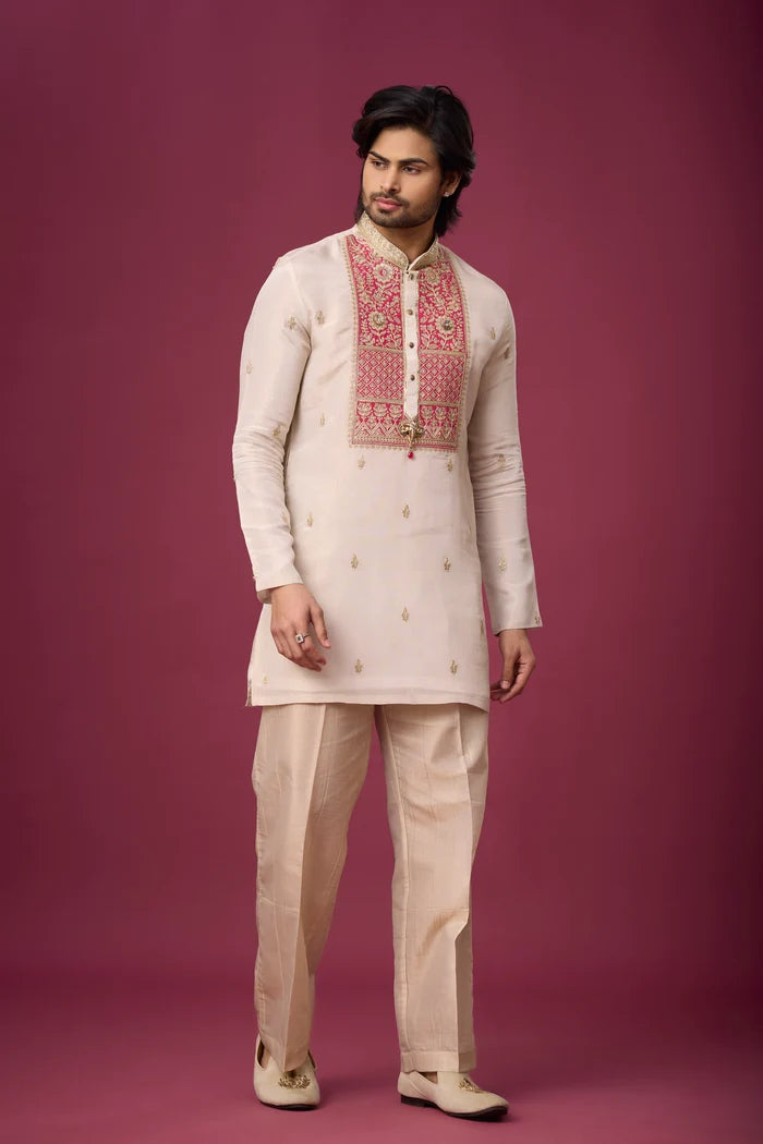 Off-White Rosé Heritage Embroidered Kurta Set for Men | Mahavir NX