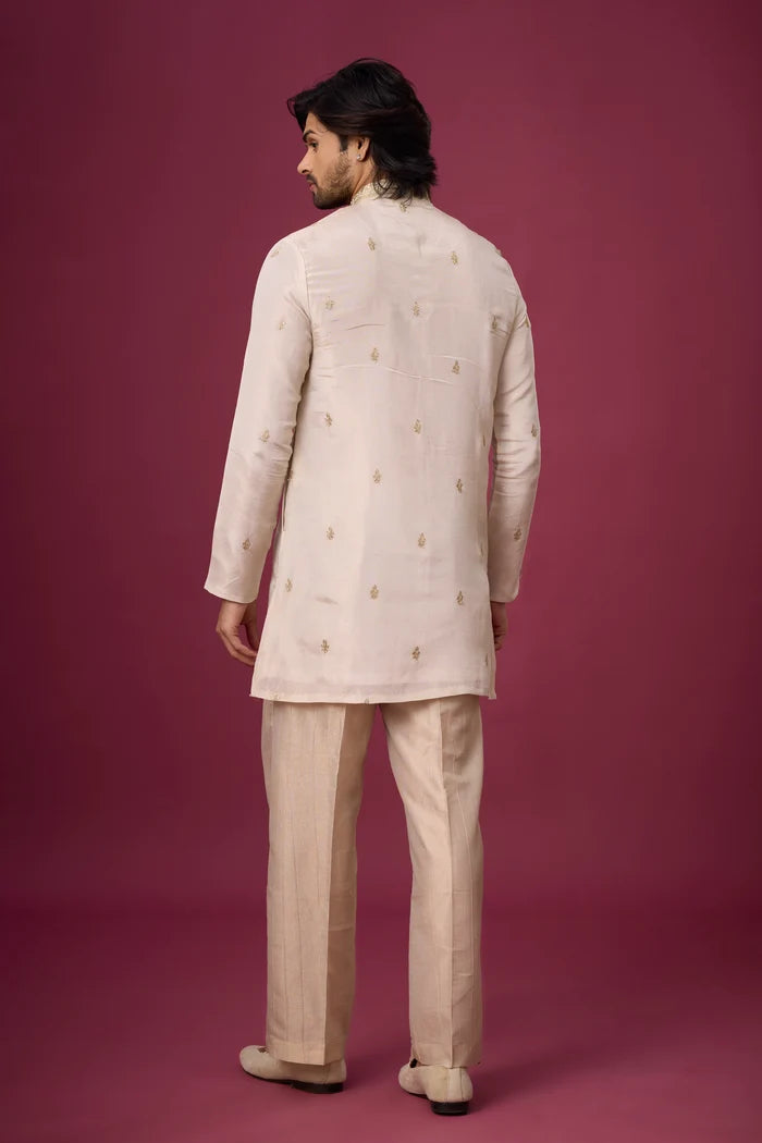 Off-White Rose Heritage Kurta Pajama Set – Front View | Mahavir NX