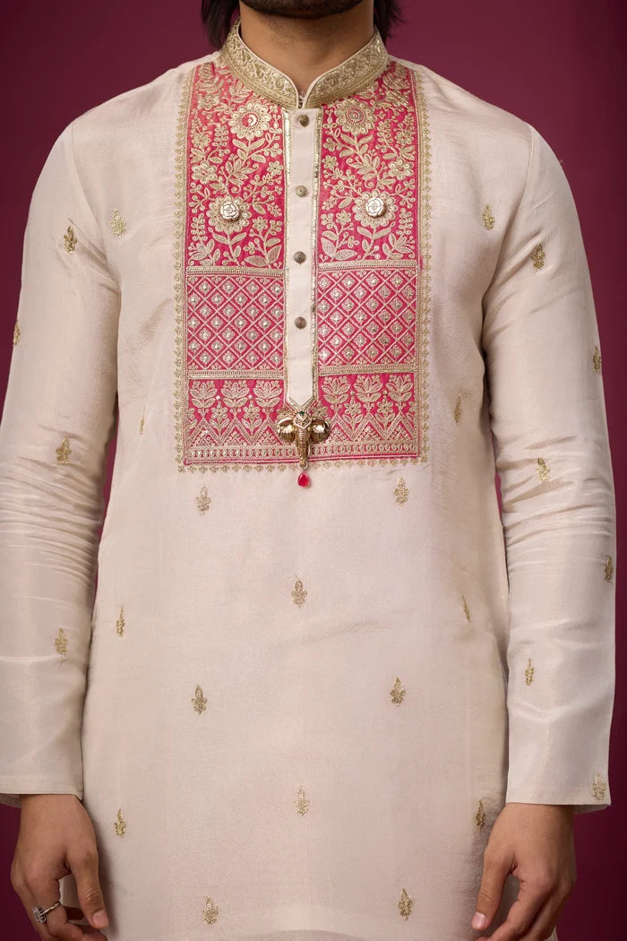 Designer Off-White Embroidered Ethnic Kurta – Side View | Mahavir NX
