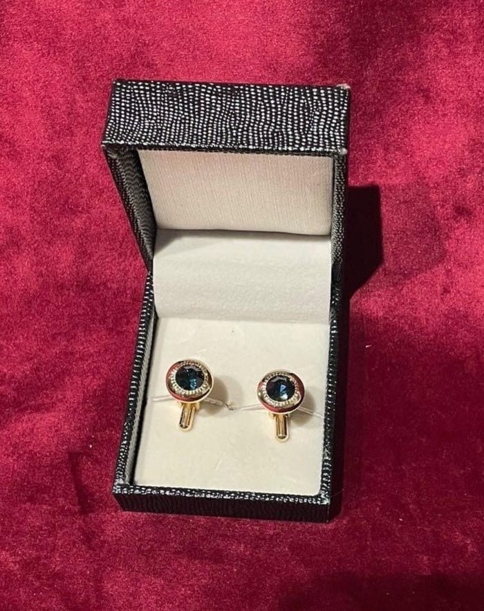 Round Golden Cufflink With Blue Stone