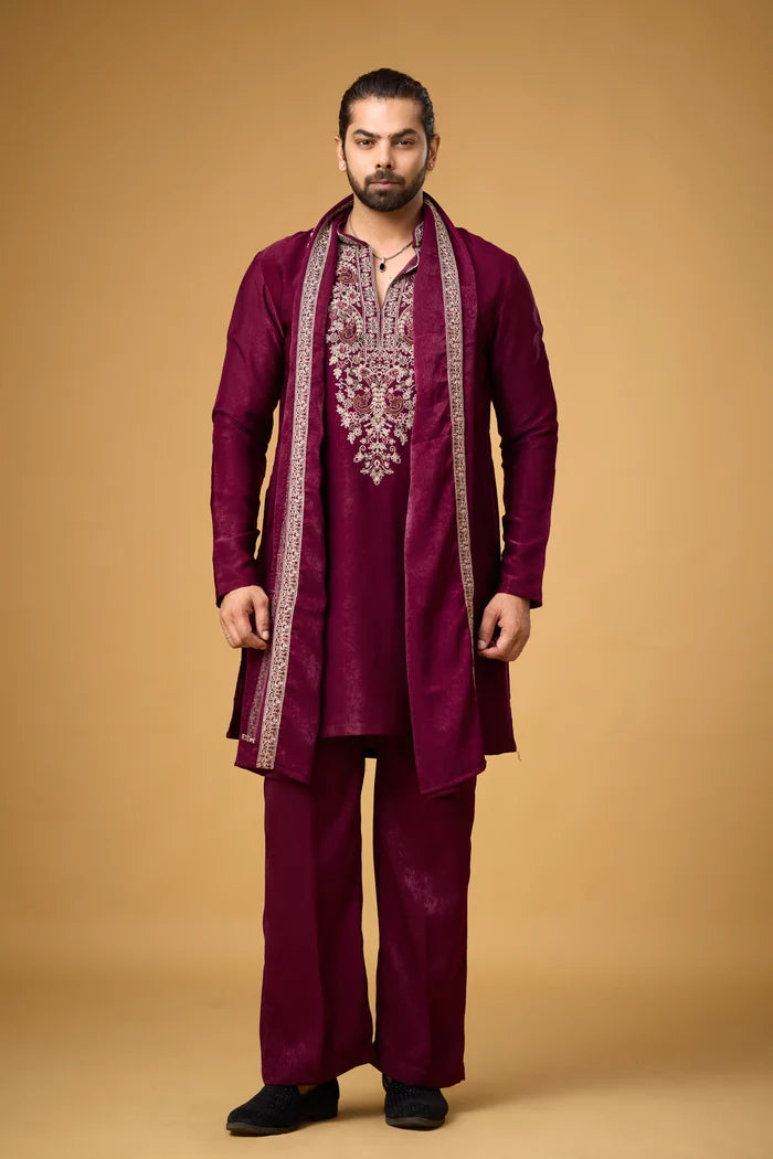 Royal Burgundy Embroidered Kurta Set with Stole for Men | Mahavir NX