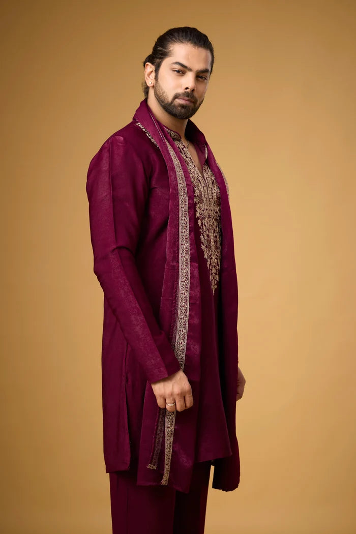 Burgundy Paisley Embroidered Kurta Set – Reception Wear | Mahavir NX