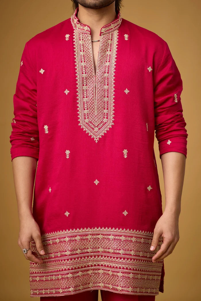 Fuchsia Embroidered Stole Kurta Set for Men – Festive Wear | Mahavir NX