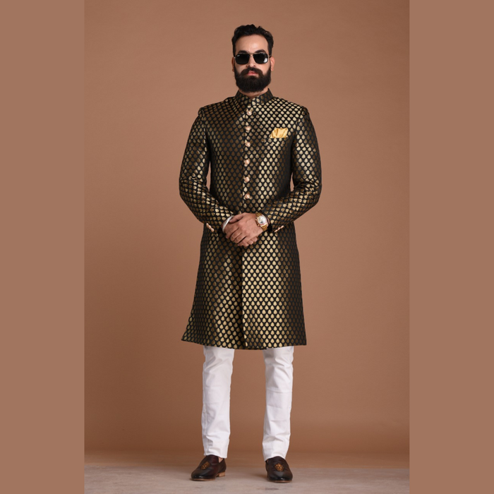 Royal Golden-Black Booti Pattern Sherwani