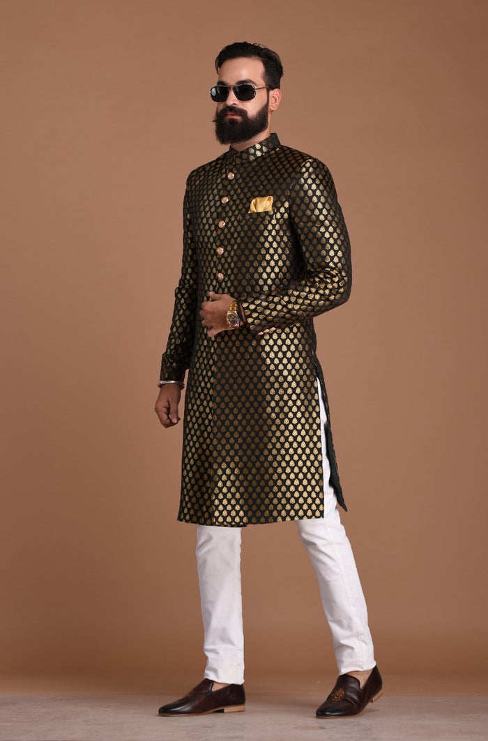 Royal Golden-Black Booti Pattern Sherwani