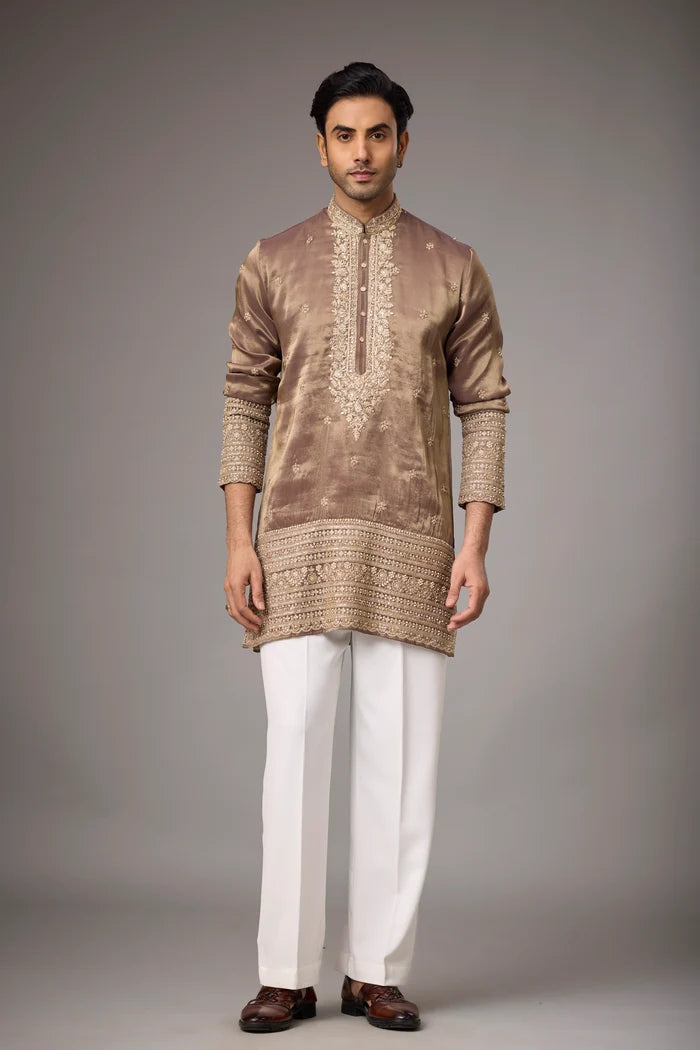 Royal Mocha Gold Embroidered Kurta Set for Men | Mahavir NX