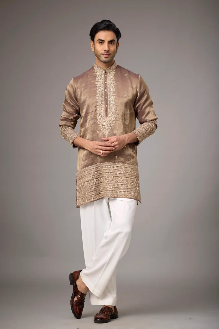Designer Ethnic Kurta for Men – Mocha Gold Scattered Motif | Mahavir NX