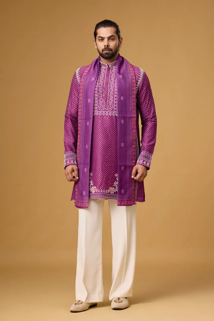Royal Plum Printed Kurta with Heritage Stole for Men | Mahavir NX