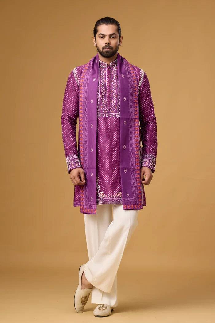 Printed Kurta with Stole for Men – Royal Plum Heritage Paisley | Mahavir NX