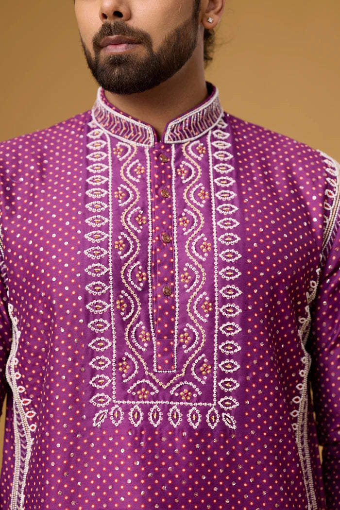 Premium Plum Dotted Motif Kurta Set – Party Wear | Mahavir NX
