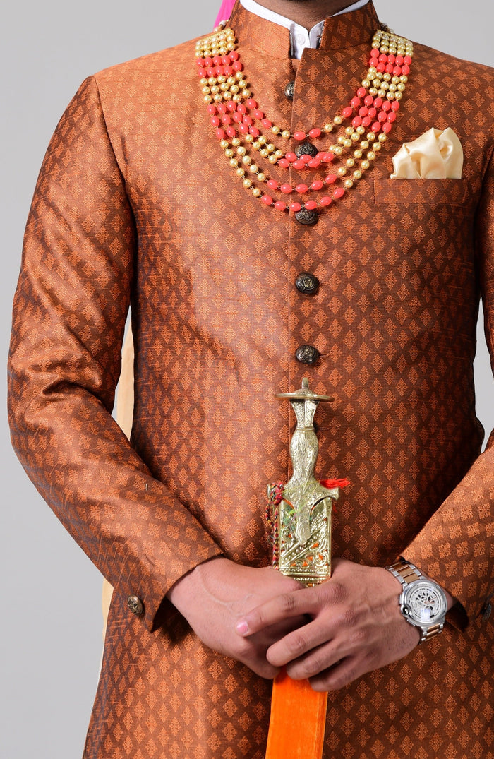 Royal Rust Orange Brocade Punjabi Style Sherwani