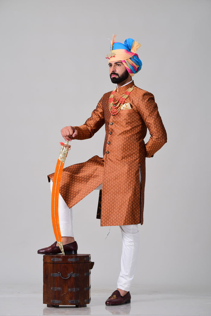 Royal Rust Orange Brocade Punjabi Style Sherwani