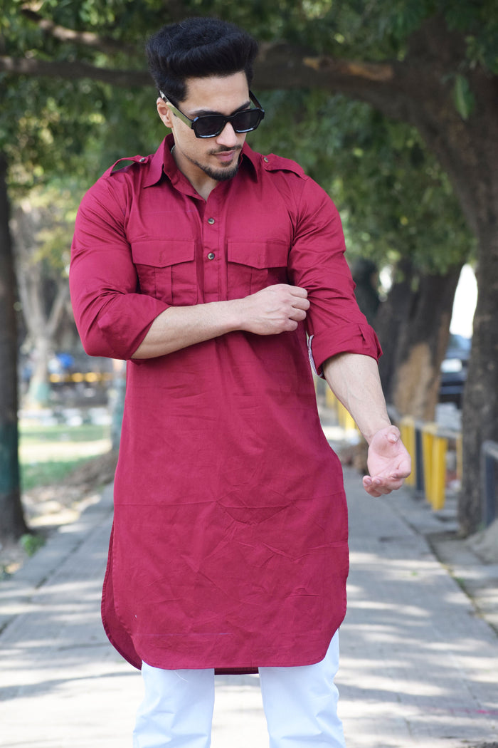 Ruby Red Short Hunting Style Kurta-Pajama set