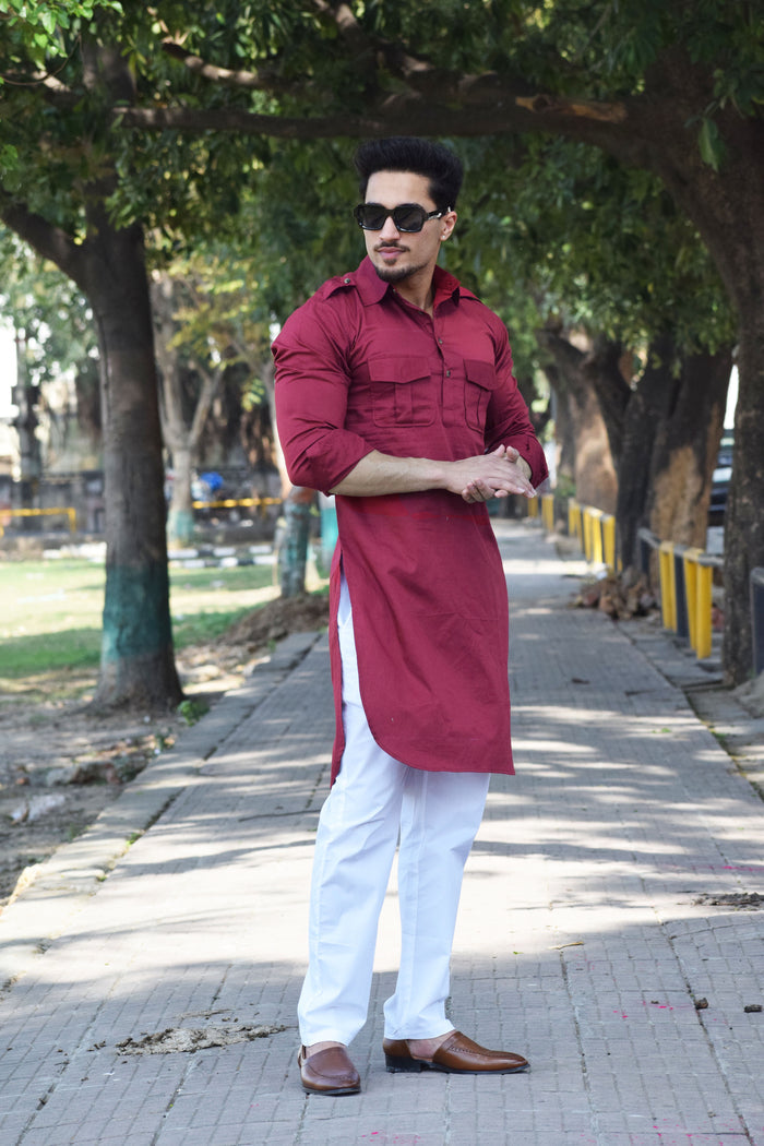 Ruby Red Short Hunting Style Kurta-Pajama set