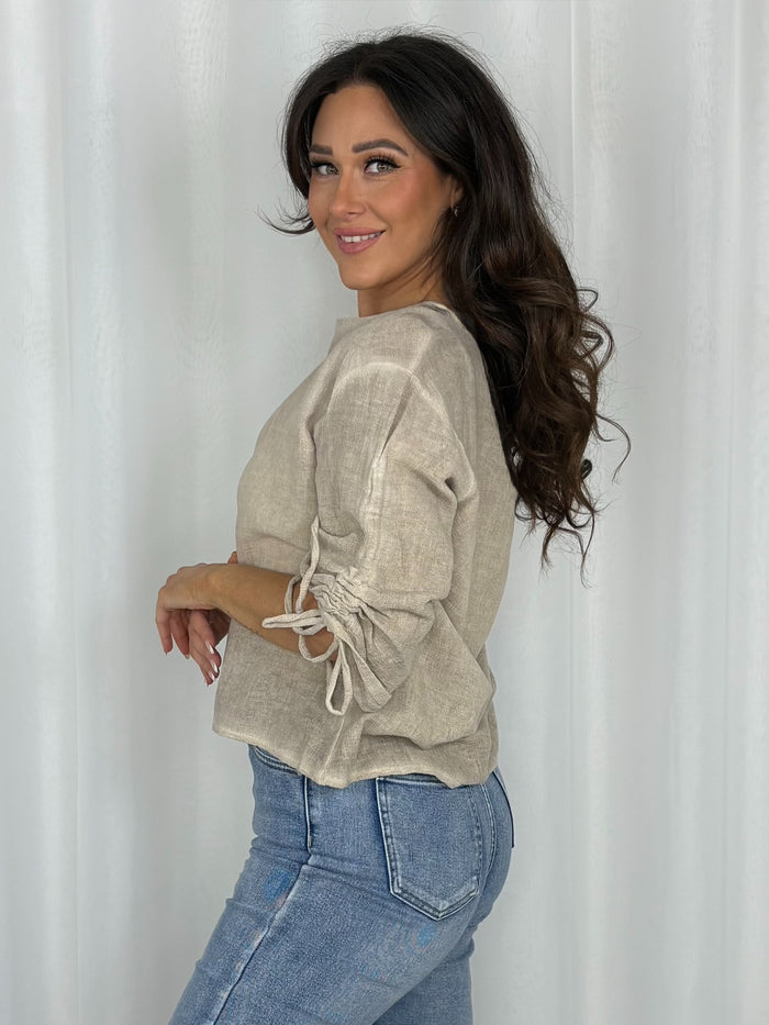 Ruched Sleeve Linen Mix Top (5 Colours)