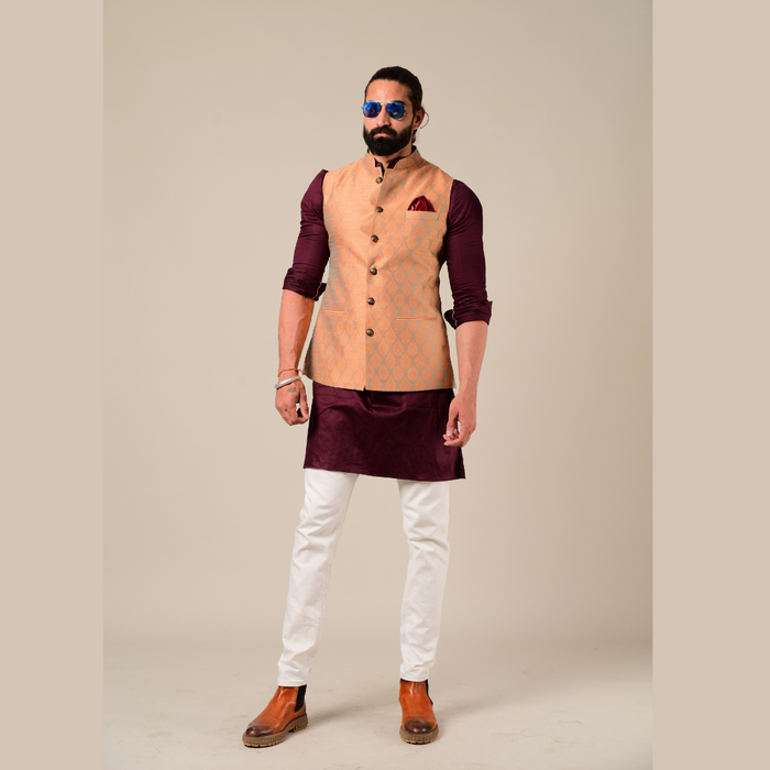 Rust Cyan Designer Brocade Half Jodhpuri Jacket With Kurta Pajama Set