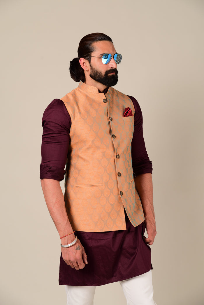 Rust Cyan Designer Brocade Half Jodhpuri Jacket With Kurta Pajama Set