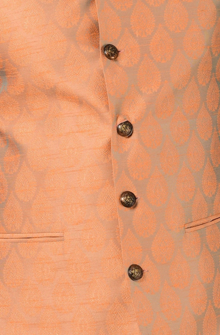 Rust Cyan Designer Brocade Half Jodhpuri Jacket With Kurta Pajama Set
