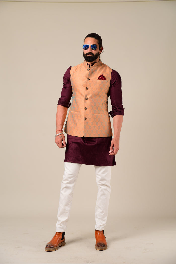 Rust Cyan Designer Brocade Half Jodhpuri Jacket With Kurta Pajama Set