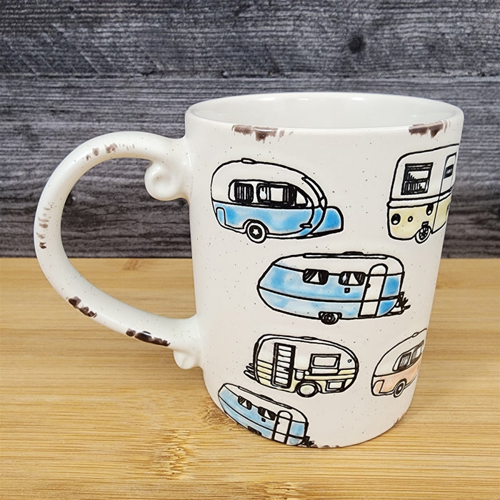 RV Camper Trailer Coffee Mug by Blue Sky 16oz Ceramic Embossed Tea Cup Retro