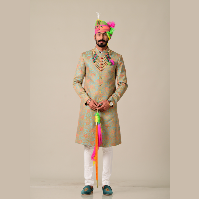 Sage Green and Pink Designer Brocade Achkan