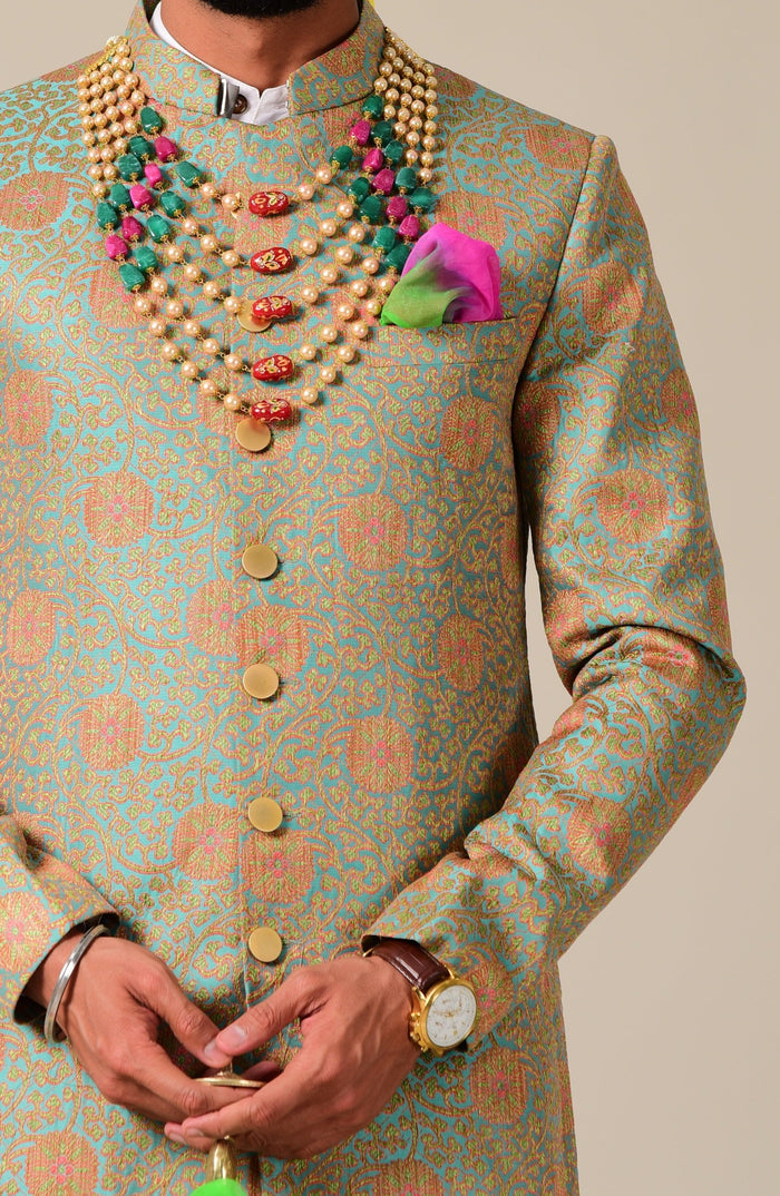 Sage Green and Pink Designer Brocade Achkan